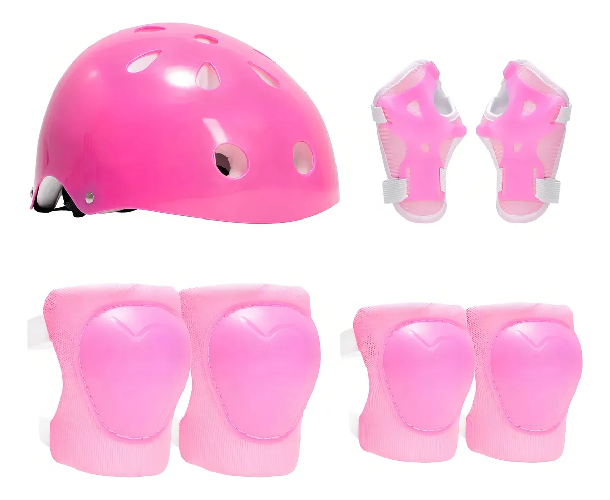 Casco Bicicleta Set Niñas Casco Rodillera+codera+muñequeras Color Rosa Talla S